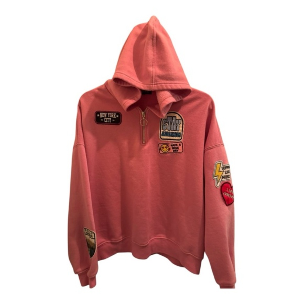 Vinyl Icons Pink Patchwork Half-Zip Hoodie with Embroidered Graphics